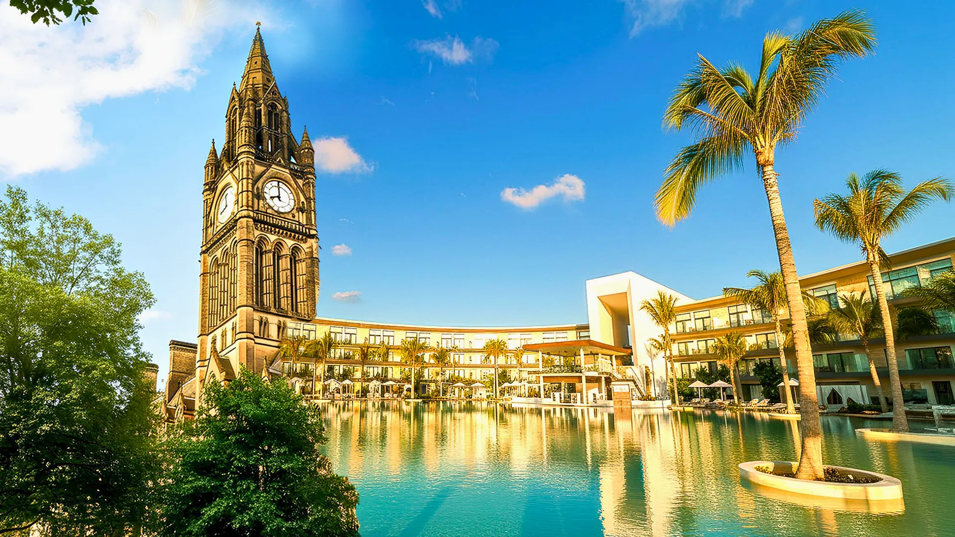 A scenic view of a hotel resort with a clock tower and palm trees, showing the outdoor pool area.