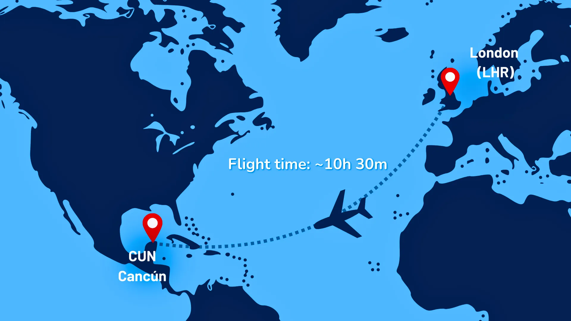 Map showing the flight path from London (LHR) to Cancun (CUN), with the estimated flight time of 10 hours and 30 minutes.