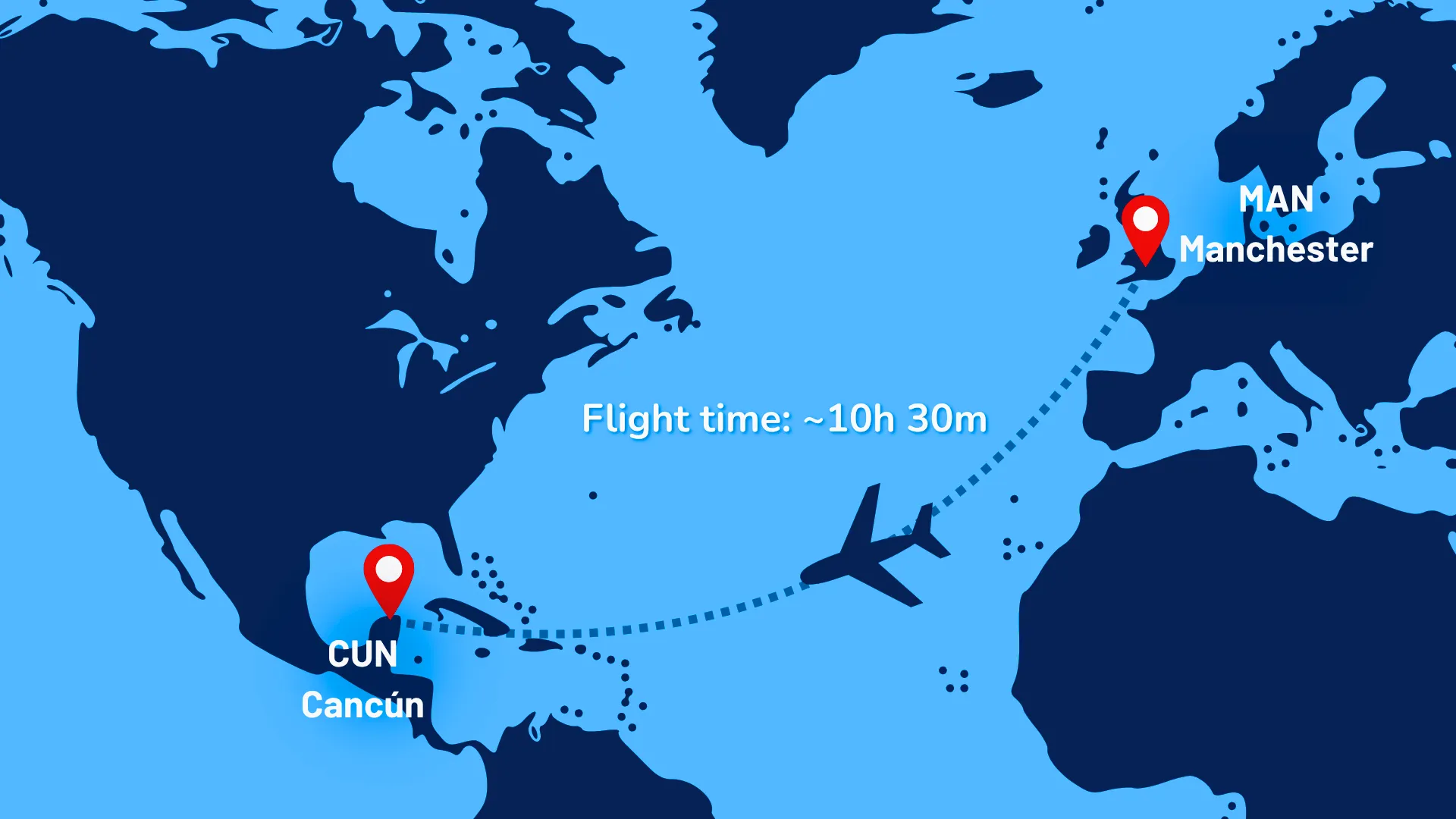 A map showing the flight route from Manchester to Cancun, indicating the flight time and distance.