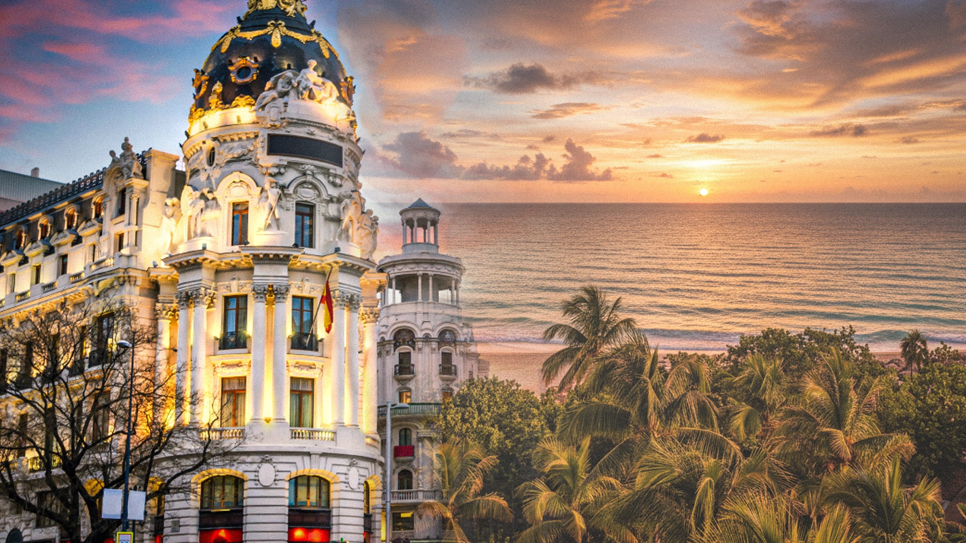 A creative blend showing Madrid’s historic Metropolis Building merging into a tropical Cancun beach sunset, symbolizing the journey from Spain to Mexico.