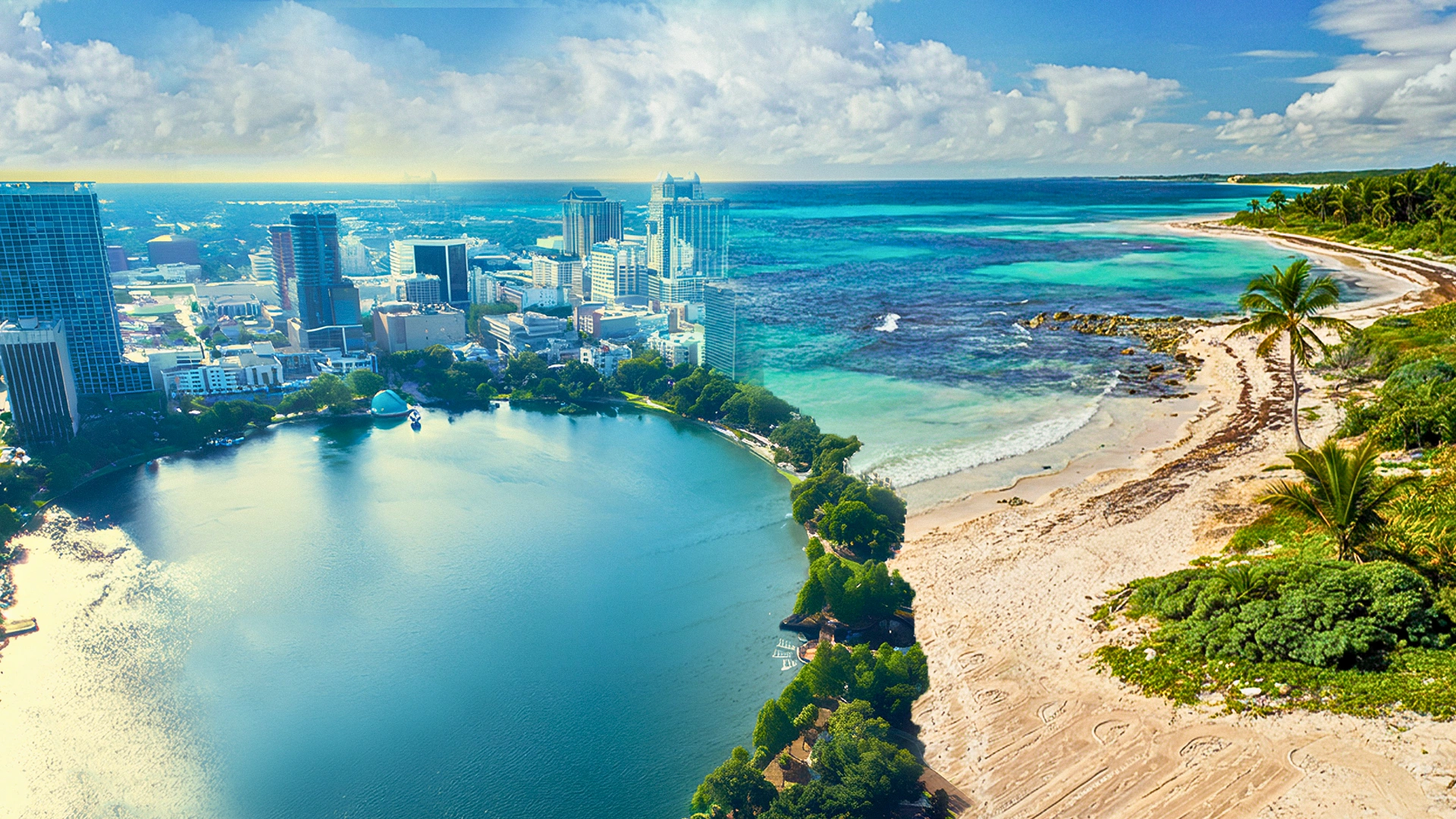 A creative split image showing Orlando’s city skyline merging into Cancun’s tropical beach, symbolizing travel from Florida to Mexico.