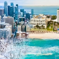Split image showing snowy winter skyscrapers of Montreal contrasted with Cancun’s beachfront resorts and turquoise Caribbean waters.
