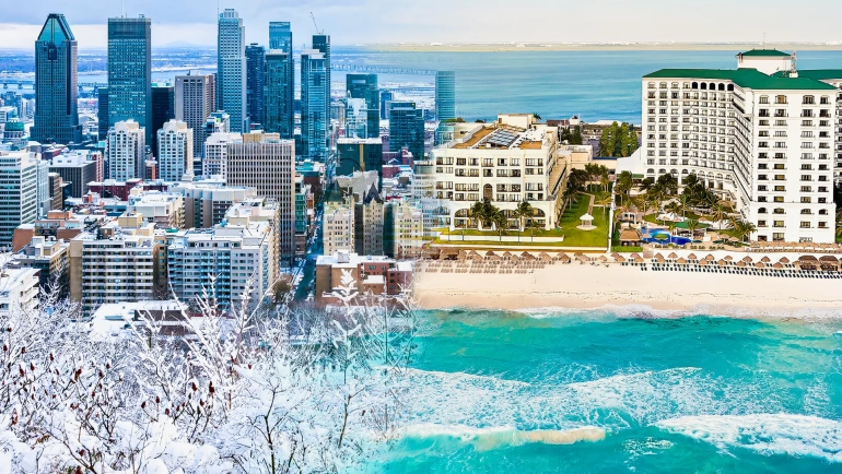 Split image showing snowy winter skyscrapers of Montreal contrasted with Cancun’s beachfront resorts and turquoise Caribbean waters.