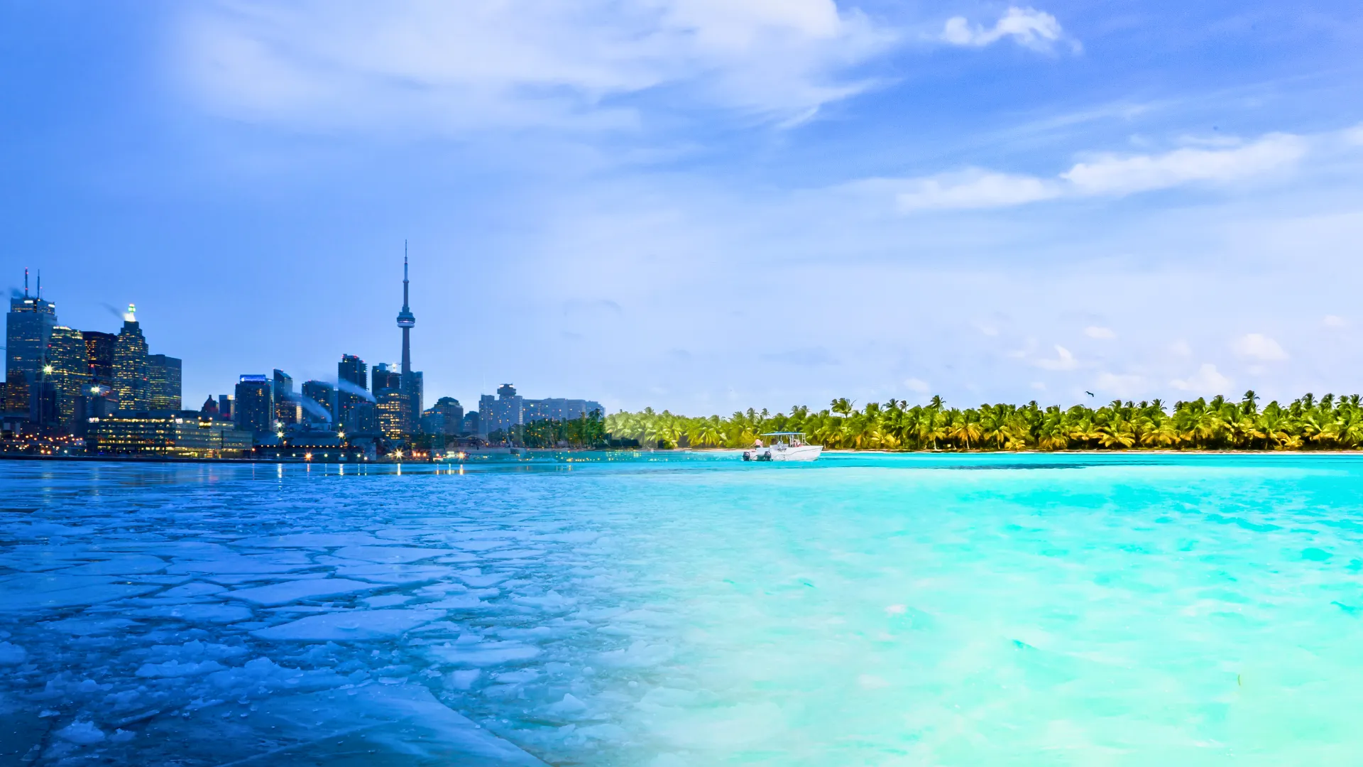 Split image showing Toronto’s icy winter skyline and Cancun’s tropical turquoise waters with palm trees, highlighting the contrast between the two destinations.