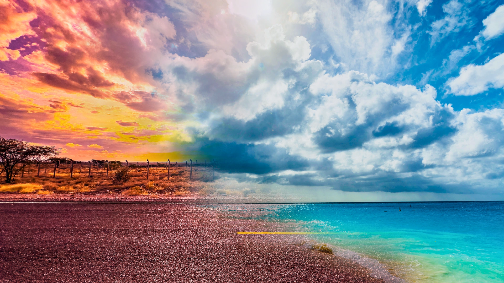 A stunning landscape featuring a blend of desert terrain transitioning into a beautiful beach, with vibrant skies reflecting a mix of warm and cool tones.