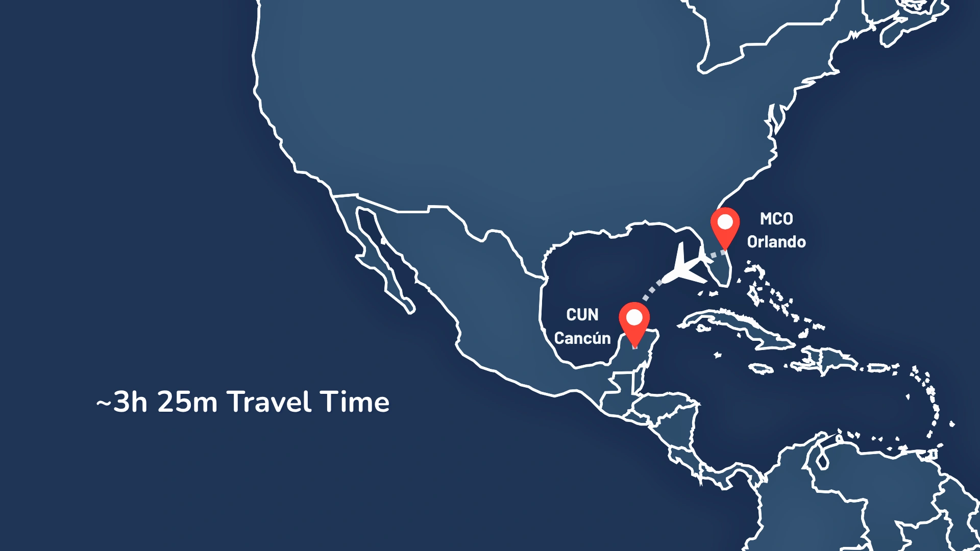 Flight map showing the route from Orlando (MCO) to Cancún (CUN) with travel time of about 3 hours and 25 minutes.