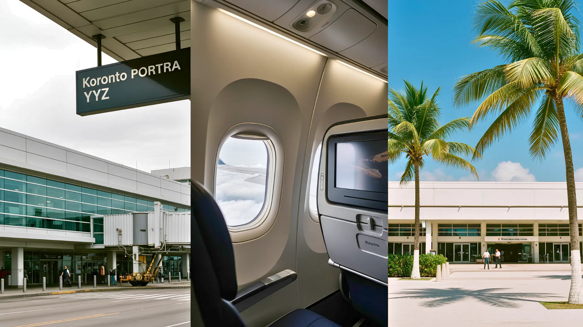 Three-part image showing Toronto Pearson Airport (YYZ), an airplane cabin in flight, and the palm-lined entrance of Cancun International Airport (CUN), illustrating the full Toronto-to-Cancun travel experience.