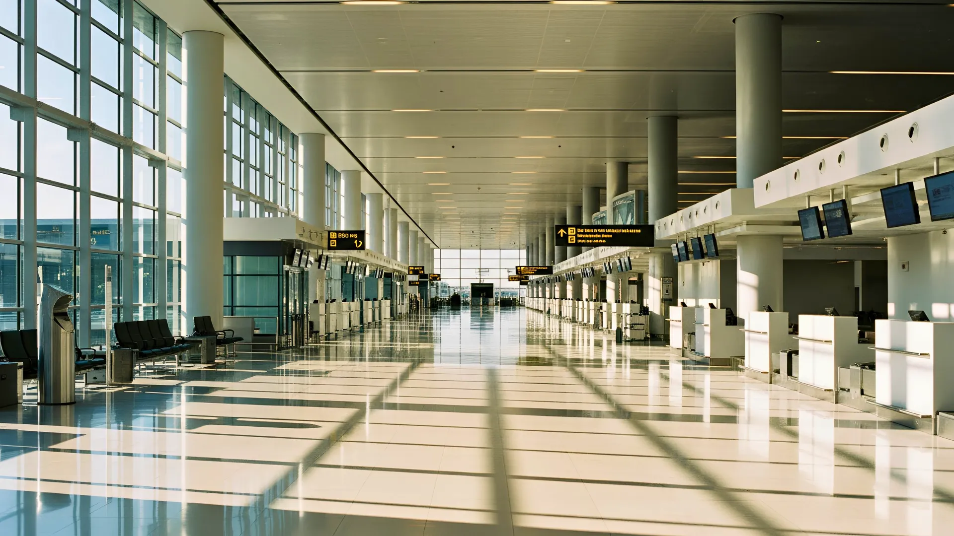 Empty airport terminal with check-in counters and bright sunlight streaming through large windows.