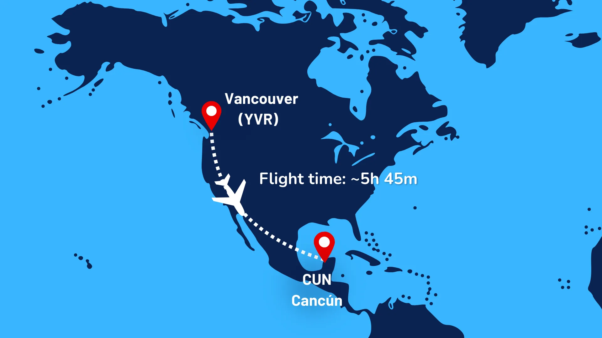 Map showing the flight route from Vancouver (YVR) to Cancun (CUN) with an estimated flight time of about 5 hours and 45 minutes.