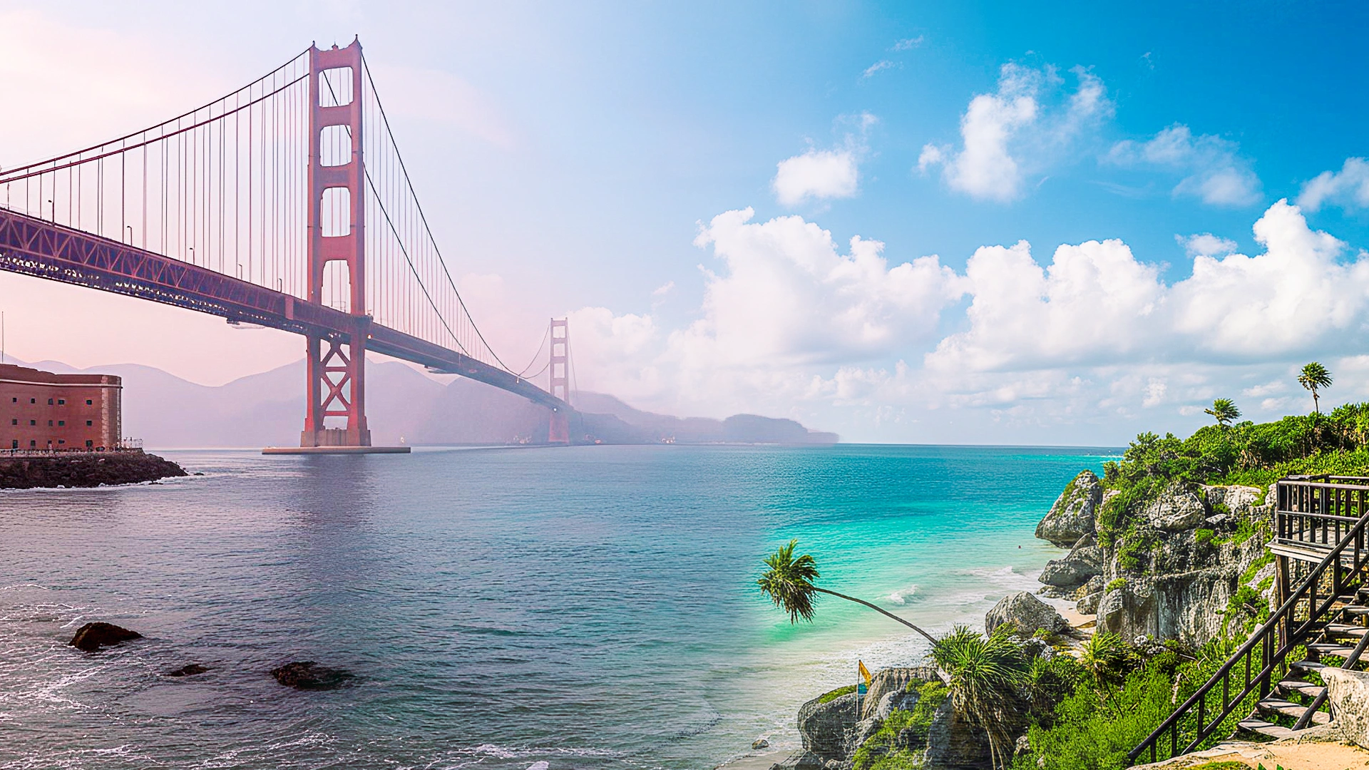 Cancun beach with palm trees and a golden sunset over the calm Caribbean Sea.