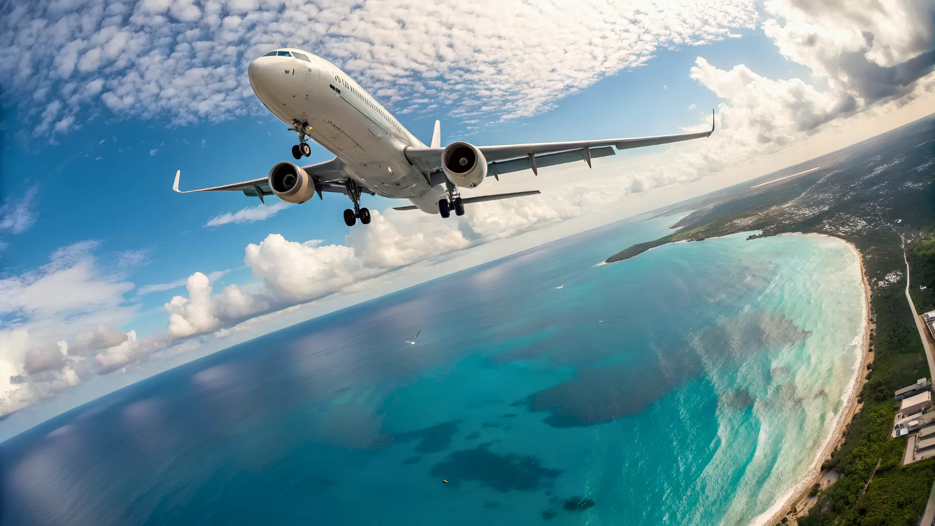 An airplane flying over the turquoise waters and coastline, approaching its destination.
