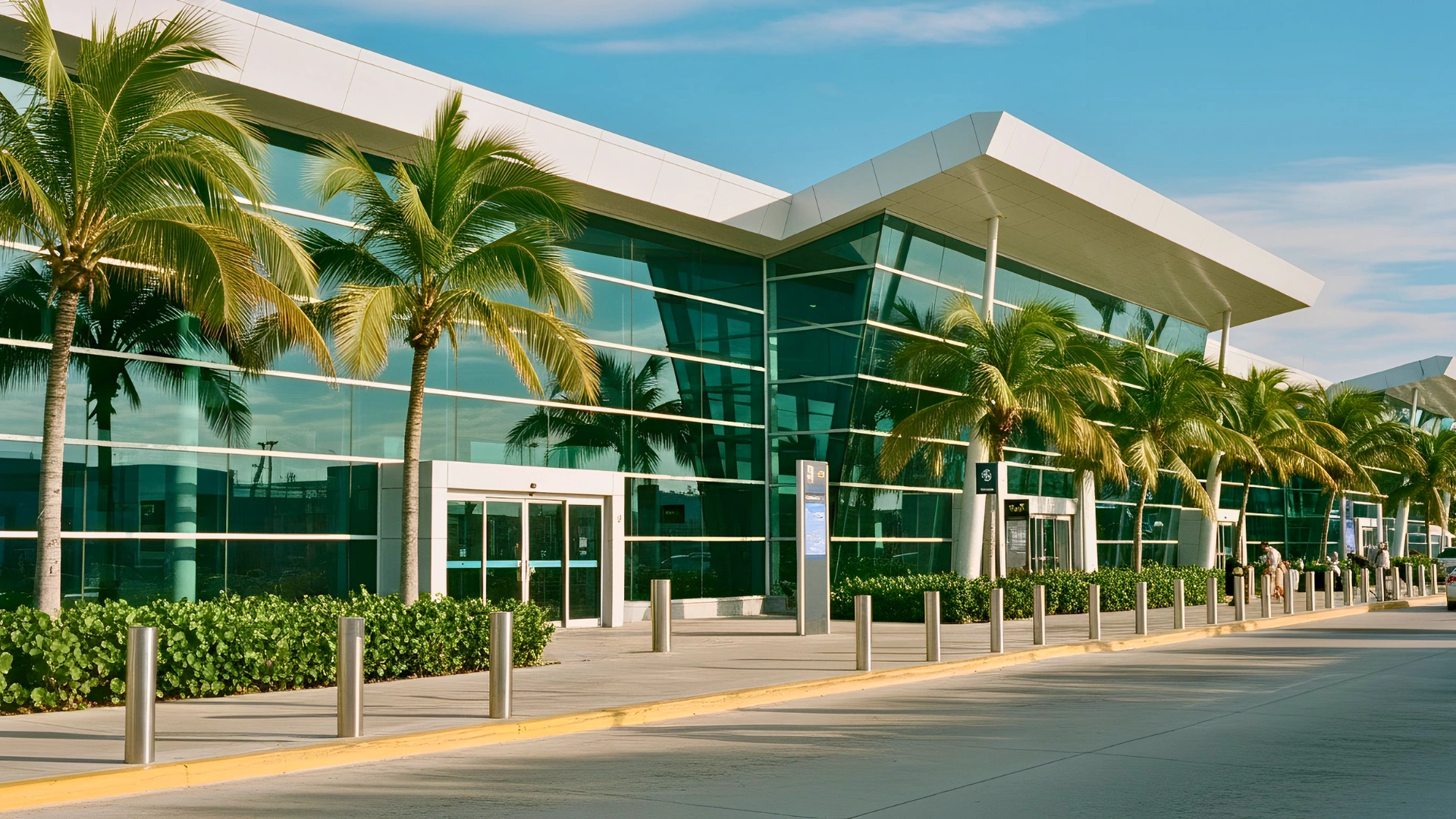 Exterior view of Cancún International Airport with palm trees and glass-front terminal under a sunny sky.