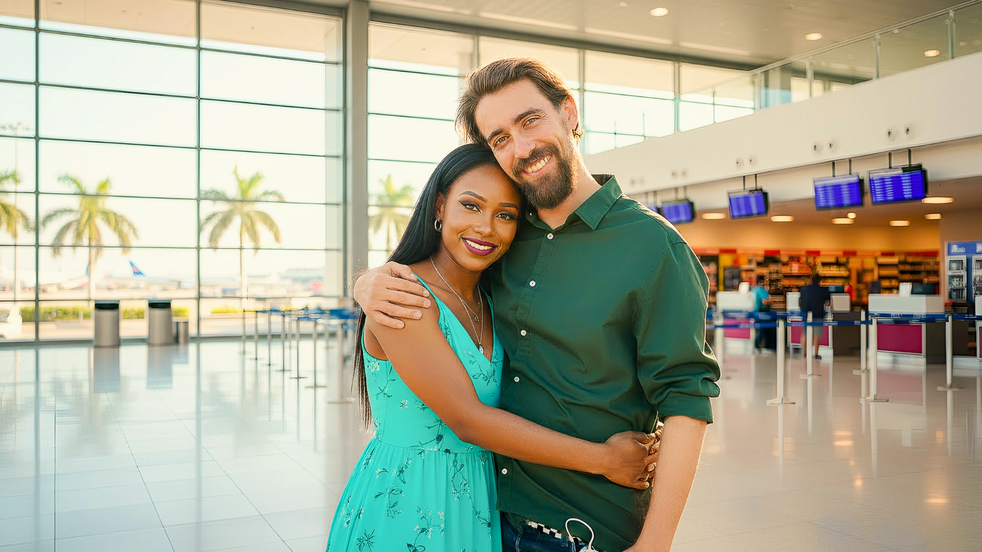 Happy couple at Orlando International Airport ready to board a flight to Cancún, Mexico.