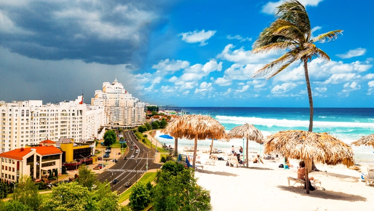 Split image showing Atlanta city skyline merging into Cancun’s sunny beach — symbolizing the journey from Atlanta to Cancun.