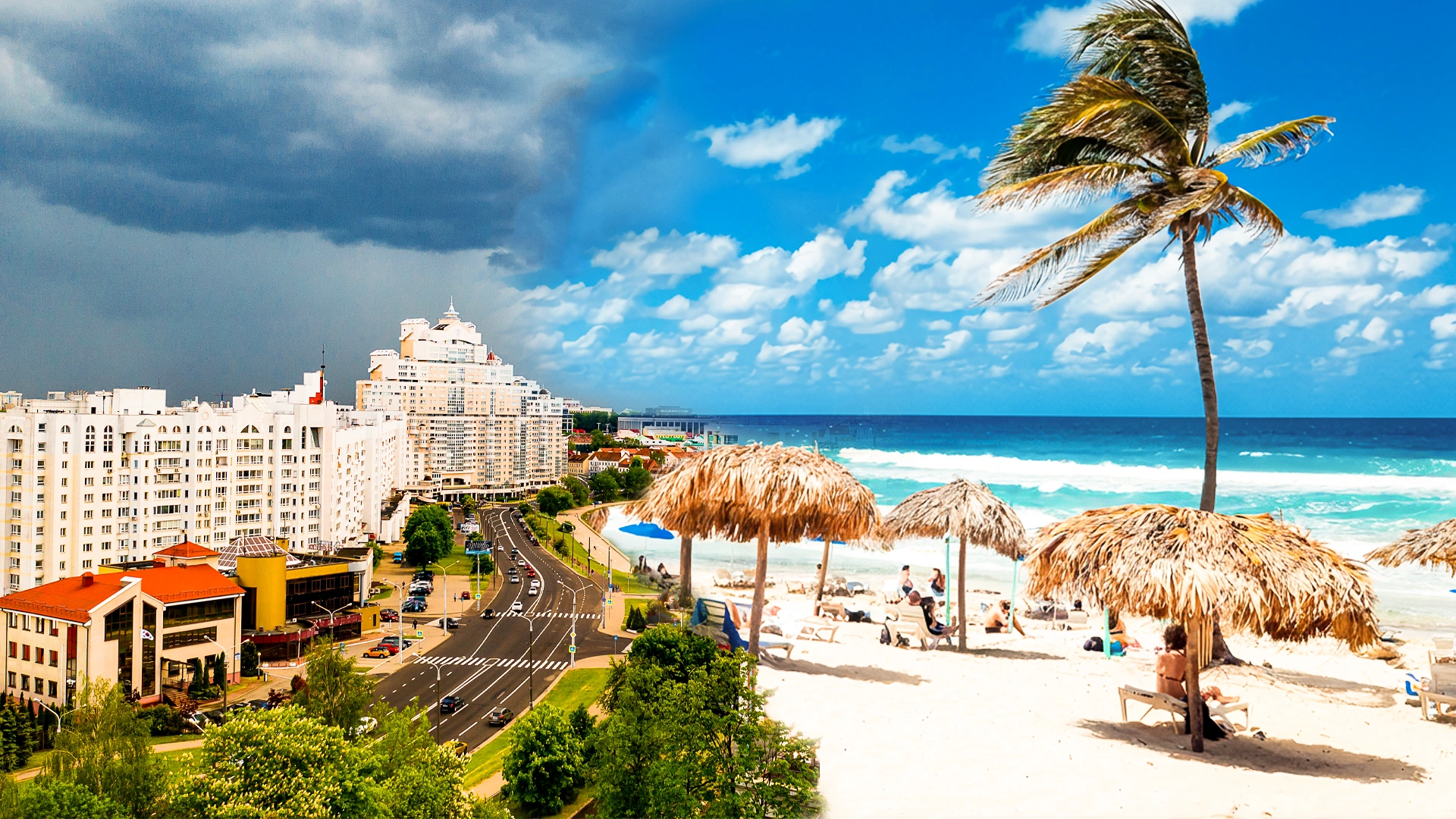 Split image showing Atlanta city skyline merging into Cancun’s sunny beach — symbolizing the journey from Atlanta to Cancun.