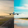 Split image showing an airplane taking off from Birmingham and landing in sunny Cancun, symbolizing the journey from the UK to Mexico.