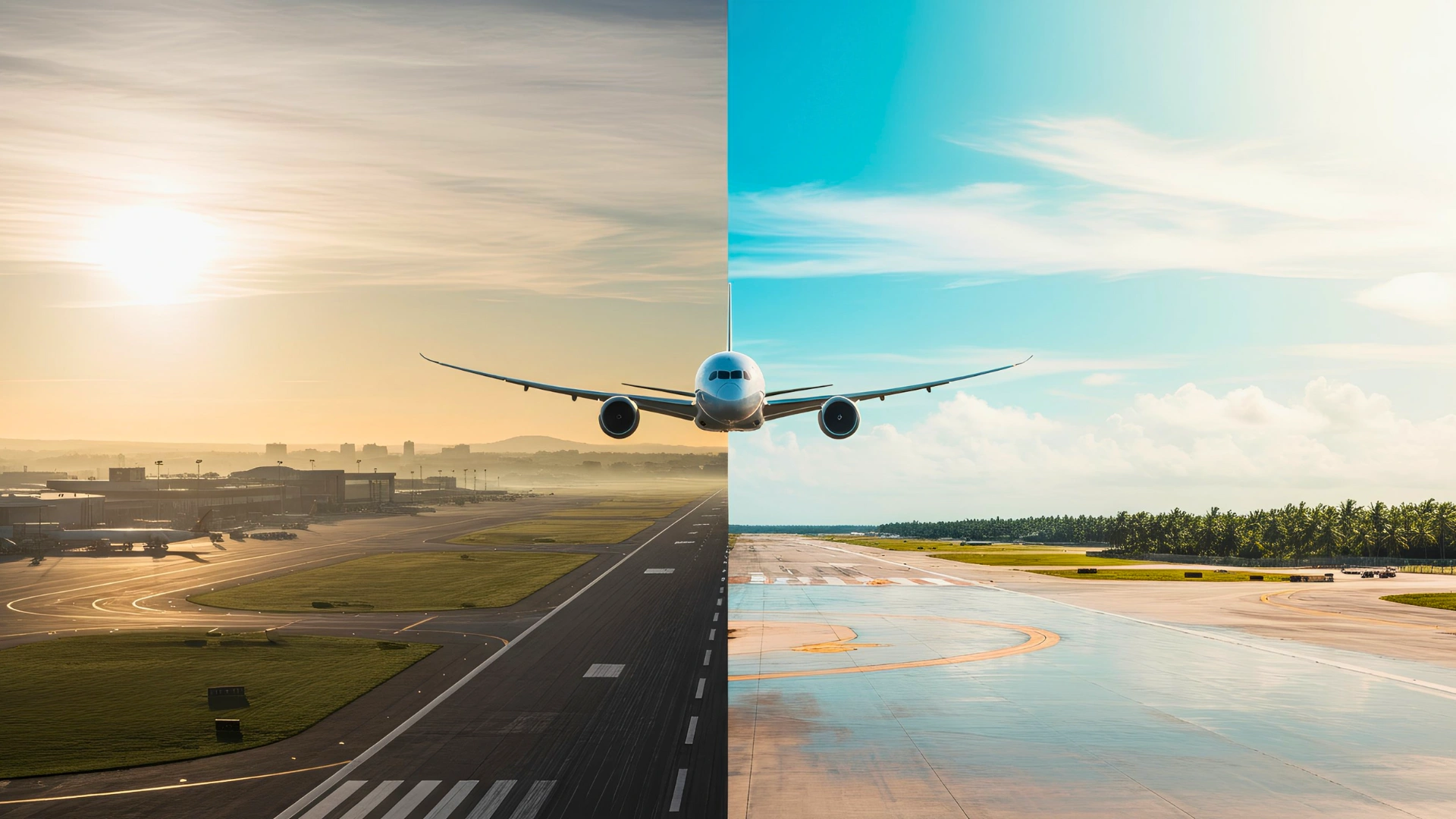 Split image showing an airplane taking off from Birmingham and landing in sunny Cancun, symbolizing the journey from the UK to Mexico.