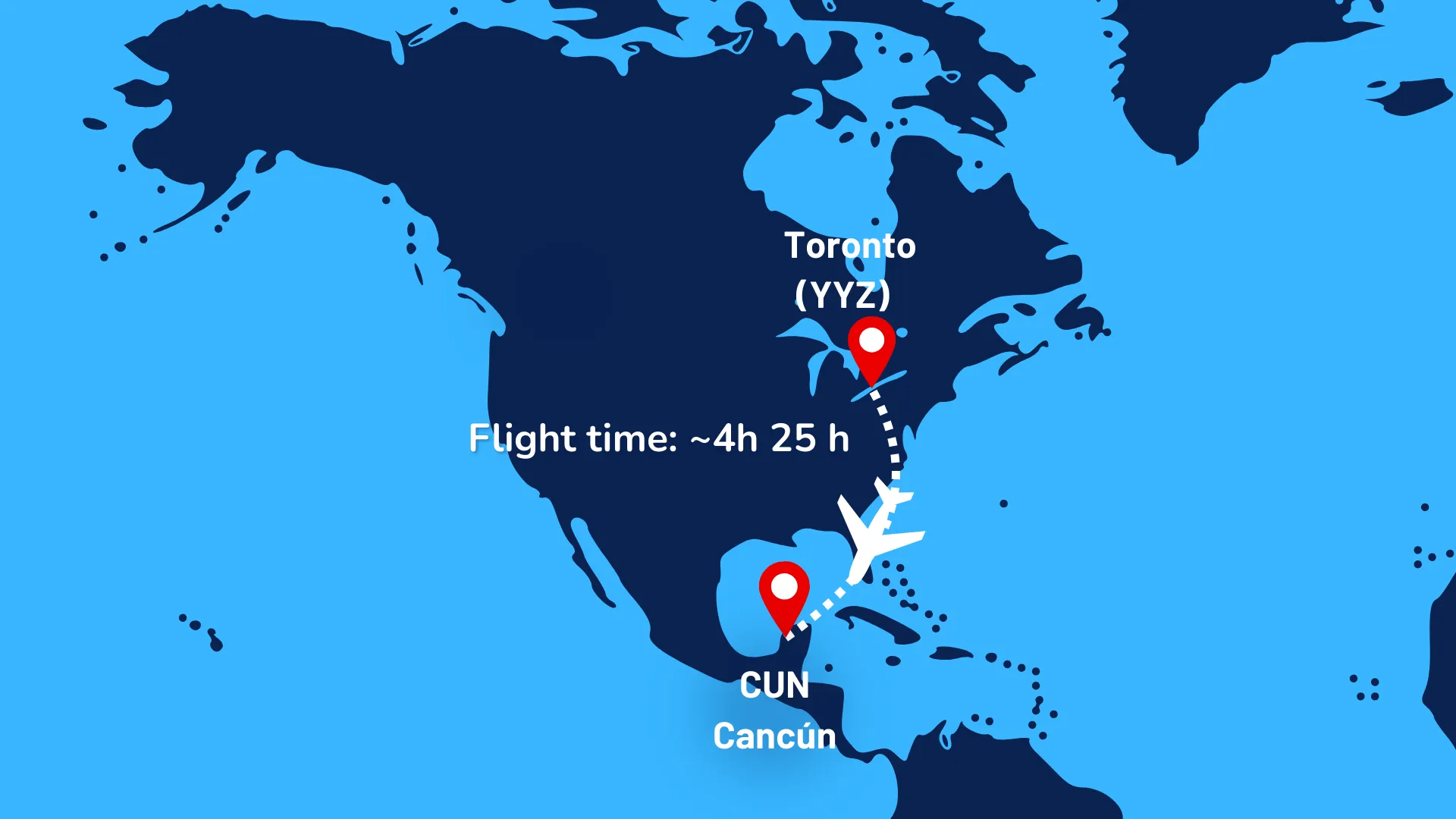 Map showing the direct flight route from Toronto (YYZ) to Cancun (CUN) with an estimated flight time of about 4 hours and 25 minutes.