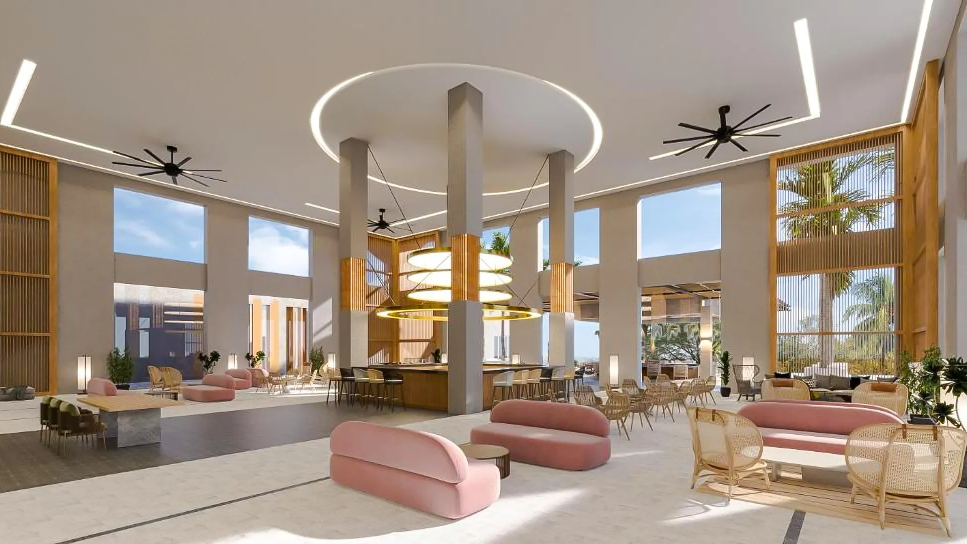 A spacious lobby at Hyatt Ziva Cancun featuring high ceilings, large windows with ocean views, pink cushioned sofas, wicker chairs, and modern lighting fixtures.