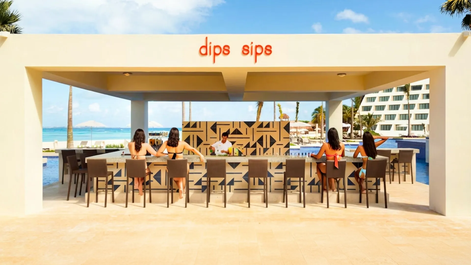 An outdoor dining area at Hyatt Ziva Cancun with multiple tables and chairs under a canopy, overlooking the ocean and resort grounds.