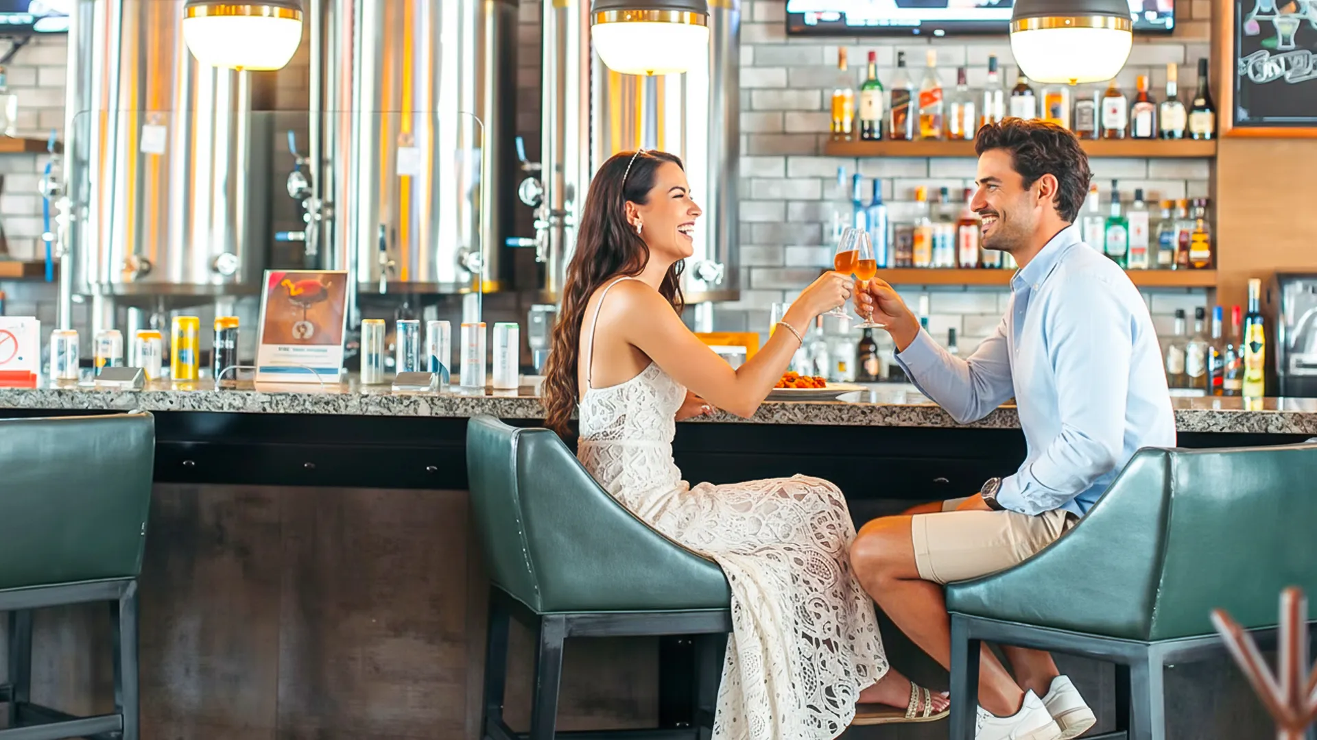 A couple toasting with drinks at a bar counter in Hyatt Ziva Cancun, surrounded by bottles and modern decor, with teal chairs and a stylish ambiance.