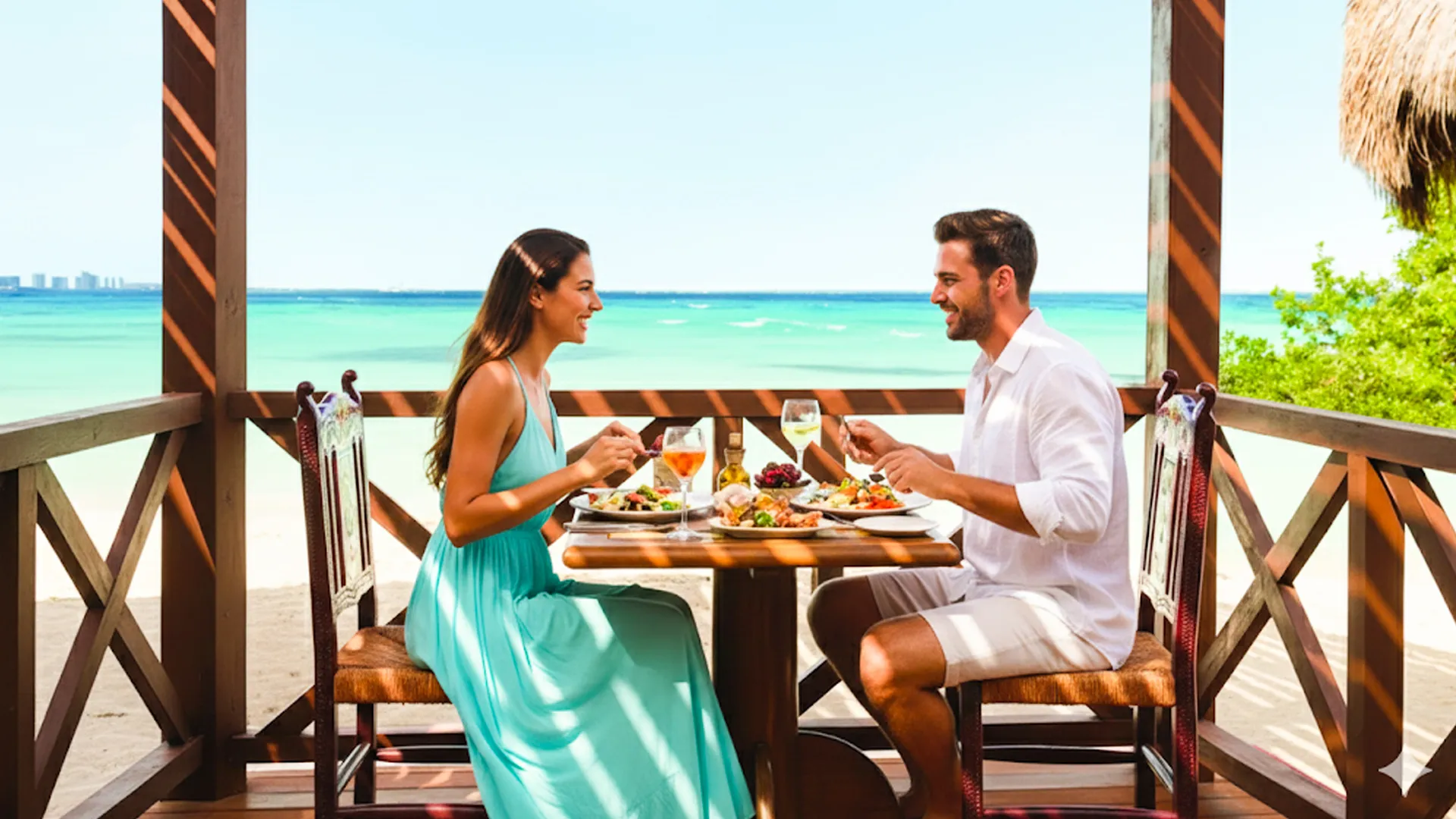 A couple dining at a table on an outdoor patio at Hyatt Ziva Cancun, with a view of the turquoise ocean and wooden decor.