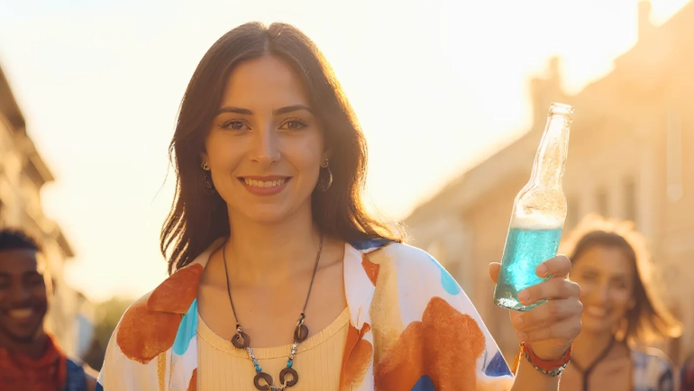 A group of friends walking down a sunny street, with one woman holding a bottle of blue drink, smiling at the camera. The warm golden hour light adds a vibrant touch to the scene.