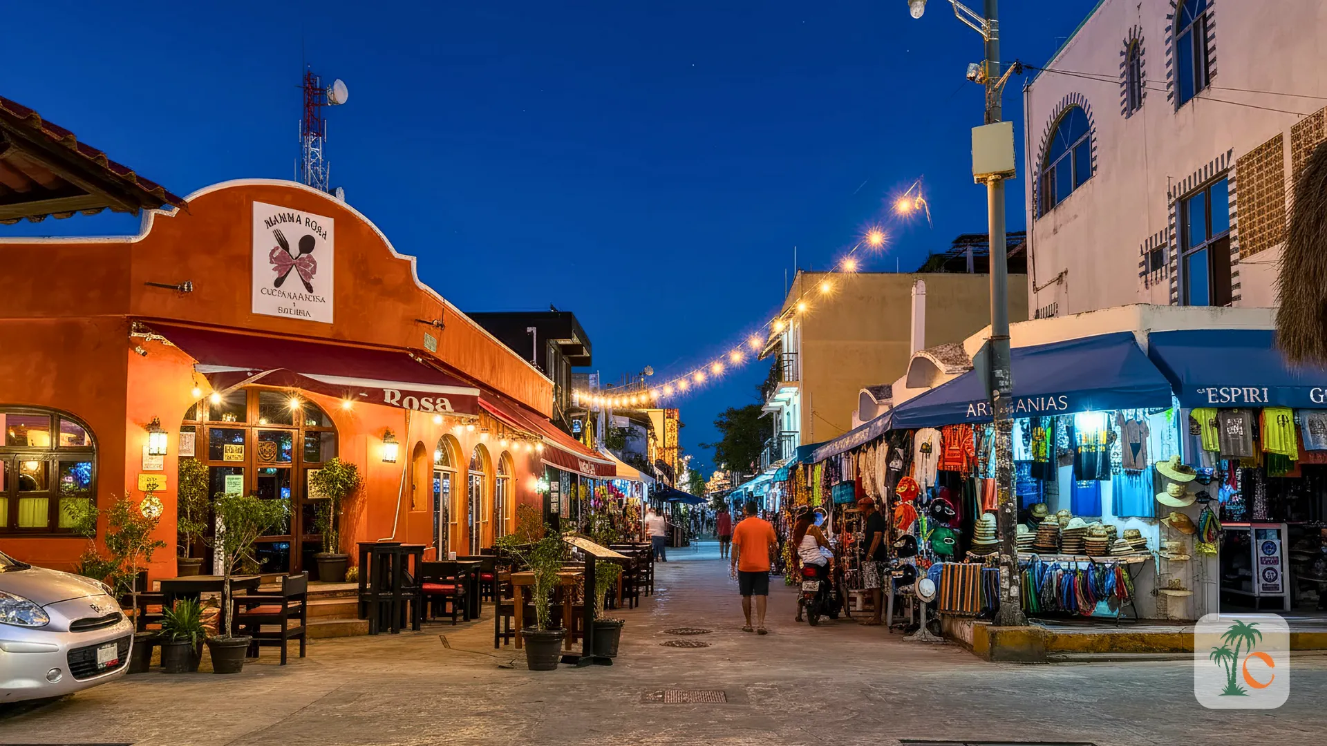 A vibrant street scene in Cancun at dusk, featuring a local restaurant and shops selling colorful crafts and souvenirs, with string lights illuminating the walkway.