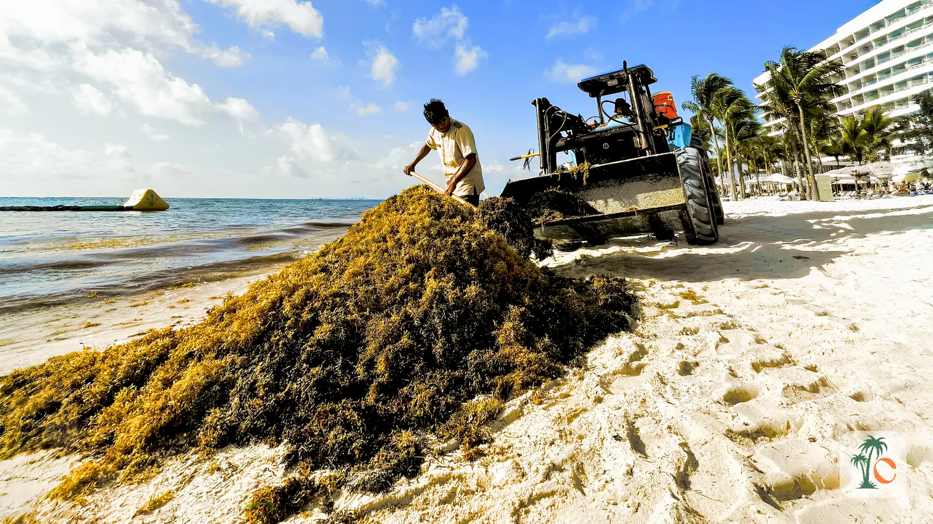 A worker collects seaweed on a beach using a machine, with a beachfront hotel and palm trees in the background, in Cancún.