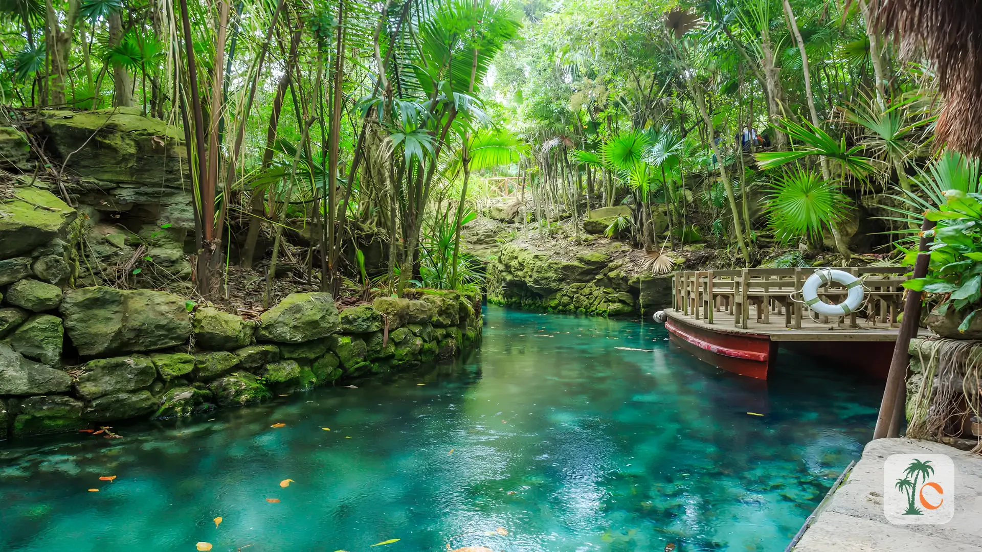 A serene, lush jungle landscape with a turquoise water canal and a small boat docked, surrounded by vibrant greenery and stone formations in Cancun, showcasing the city’s commitment to preserving natural beauty.