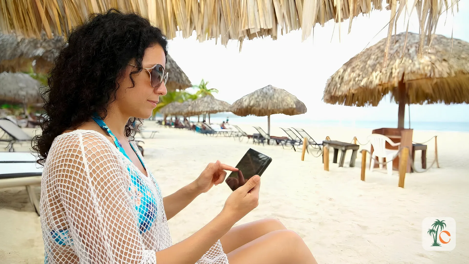 A woman sitting on a beach under a straw umbrella, wearing sunglasses and a blue bikini, using her smartphone.